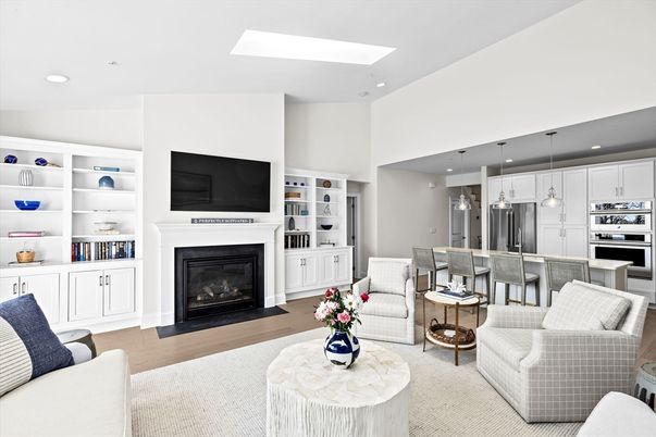Fireplace, Interior, Kitchen, Living room, Pendant Lights, Recessed Lighting, Stainless Steel Appliances, Wood Texture Flooring