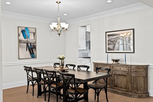 Chandelier, Dining room, Interior, Recessed Lighting, Wood Texture Flooring