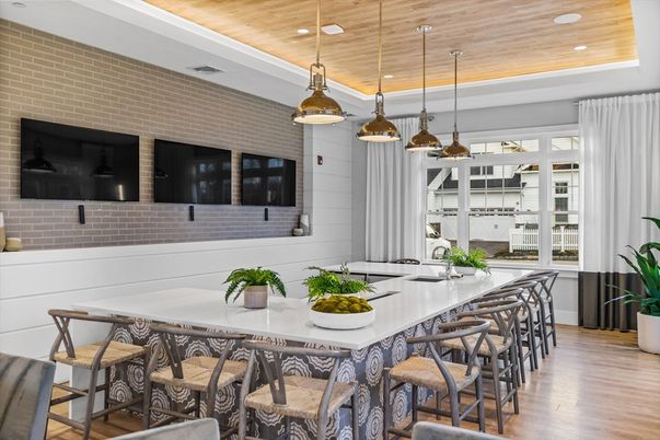 Dining room, Interior, Pendant Lights, Recessed Lighting, Stone Walls, Wooden Ceilings, Wood Texture Flooring