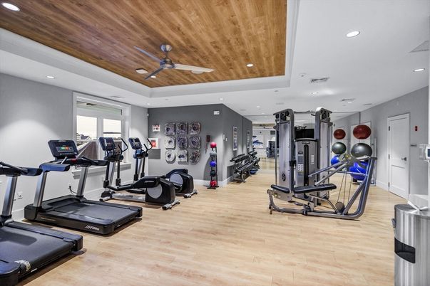 Fitness Equipment, Gym, Interior, Recessed Lighting, Wooden Ceilings, Wood Texture Flooring