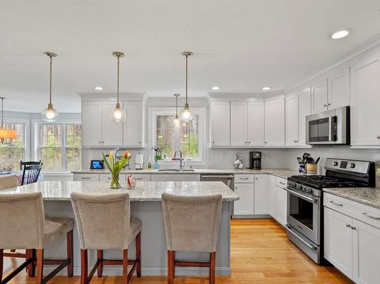 Interior, Kitchen, Pendant Lights, Recessed Lighting, Stainless Steel Appliances, Wood Texture Flooring