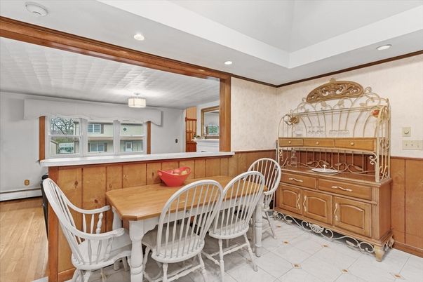 Dining room, Interior, Recessed Lighting, Wood Texture Flooring