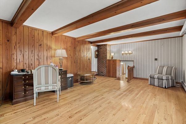 Home Office, Interior, Pendant Lights, Stone Walls, Wooden Beams, Wood Texture Flooring, Wooden Walls