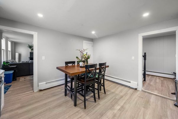 Dining room, Interior, Recessed Lighting, Wood Texture Flooring
