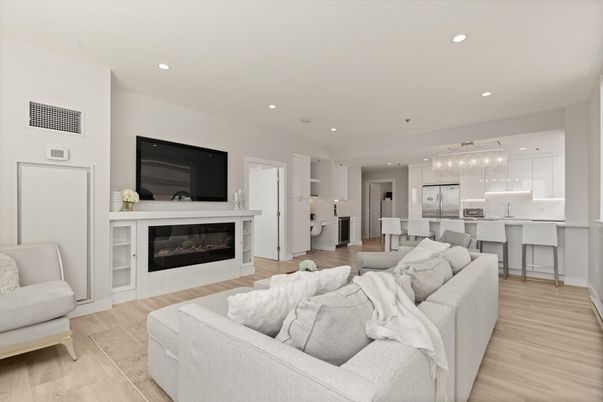 Fireplace, Interior, Kitchen, Living room, Pendant Lights, Recessed Lighting, Wood Texture Flooring