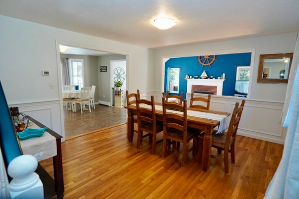 Dining room, Fireplace, Interior, Wood Texture Flooring