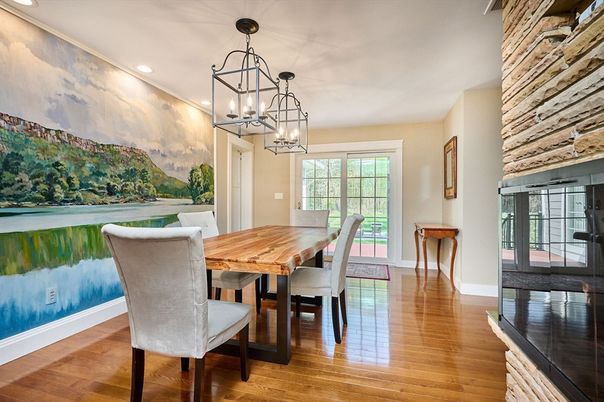 Dining room, Interior, Pendant Lights, Recessed Lighting, Wood Texture Flooring