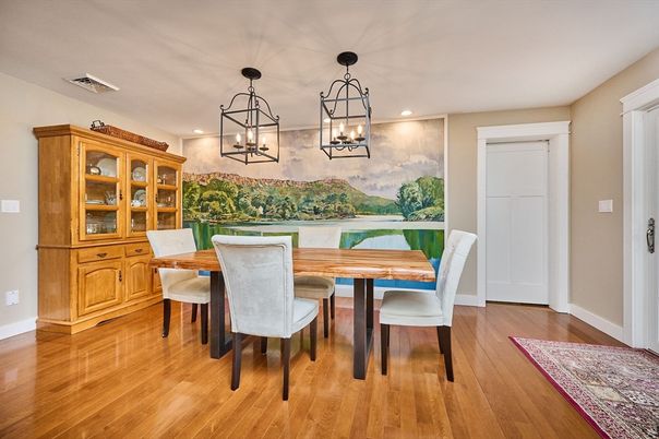 Dining room, Interior, Pendant Lights, Recessed Lighting, Wood Texture Flooring