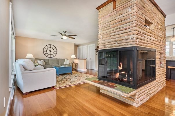 Fireplace, Interior, Living room, Stone Walls, Wood Texture Flooring