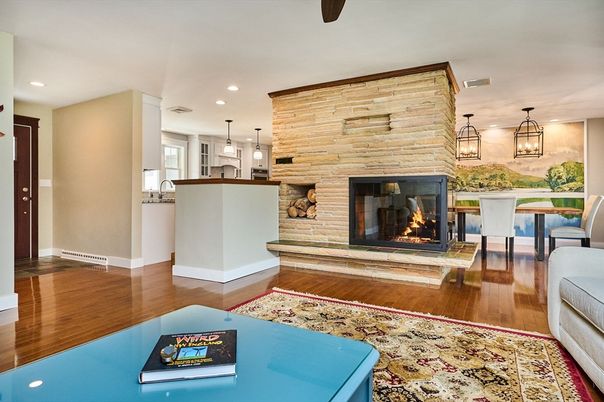 Dining room, Fireplace, Interior, Kitchen, Pendant Lights, Recessed Lighting, Stone Walls, Wood Texture Flooring