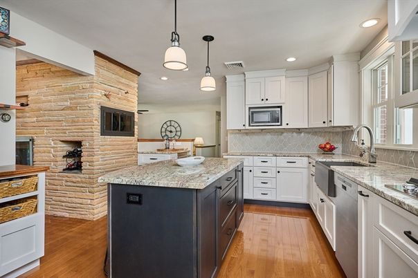 Interior, Kitchen, Pendant Lights, Recessed Lighting, Stone Walls, Wood Texture Flooring