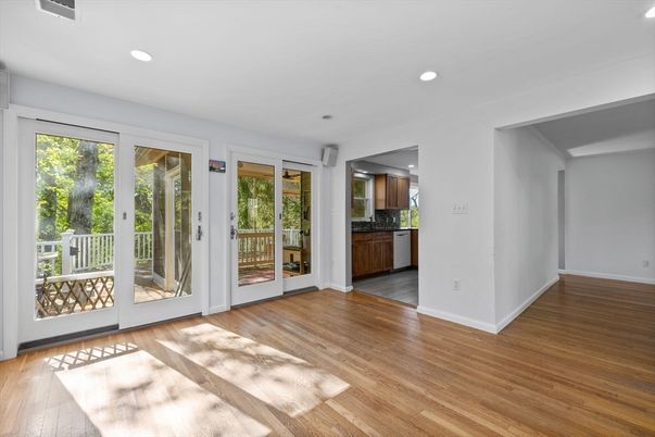 Empty room, Interior, Kitchen, Recessed Lighting, Wood Texture Flooring