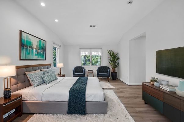 Bedroom, Interior, Recessed Lighting, Wood Texture Flooring