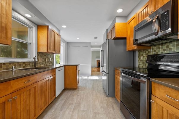 Interior, Kitchen, Recessed Lighting, Stainless Steel Appliances, Wood Texture Flooring