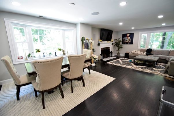 Dining room, Fireplace, Interior, Living room, Recessed Lighting, Wood Texture Flooring