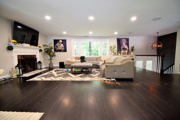 Fireplace, Interior, Living room, Pendant Lights, Recessed Lighting, Wood Texture Flooring