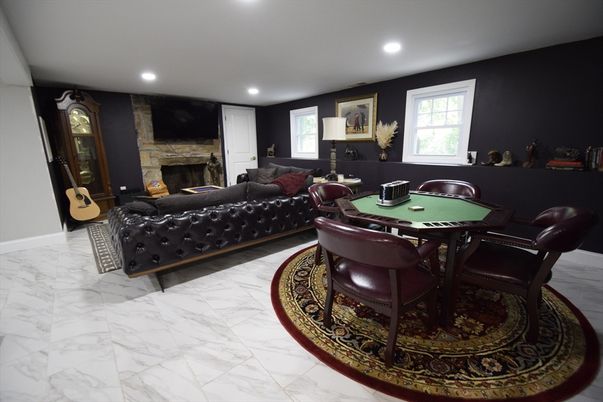 Dining room, Fireplace, Interior, Living room, Marble, Recessed Lighting