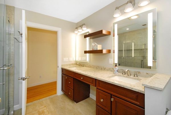 Bathroom, Dual Sink Vanities, Glass Shower, Interior, Wood Texture Flooring
