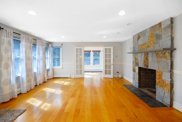 Empty room, Fireplace, Interior, Recessed Lighting, Wood Texture Flooring
