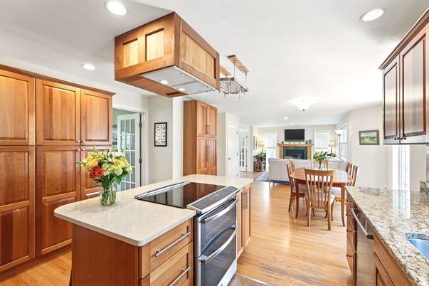 Dining room, Fireplace, Interior, Kitchen, Recessed Lighting, Wood Texture Flooring