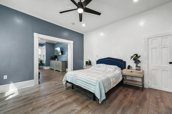 Bedroom, Interior, Recessed Lighting, Wood Texture Flooring