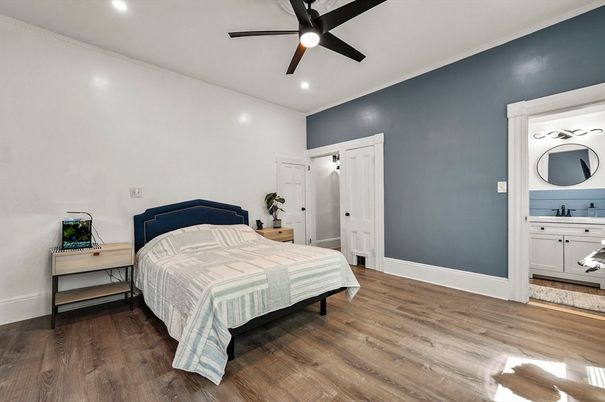 Bedroom, Interior, Recessed Lighting, Wood Texture Flooring