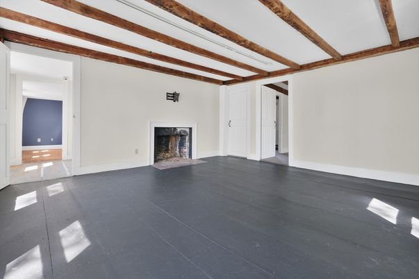 Empty room, Fireplace, Interior, Wooden Beams, Wood Texture Flooring