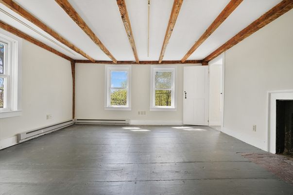 Empty room, Fireplace, Interior, Wooden Beams, Wood Texture Flooring
