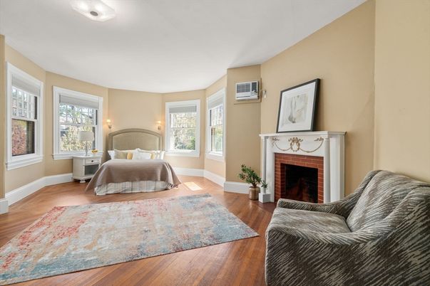Bedroom, Fireplace, Interior, Wood Texture Flooring