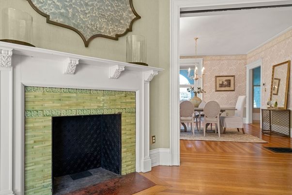 Chandelier, Dining room, Fireplace, Interior, Pendant Lights, Wood Texture Flooring