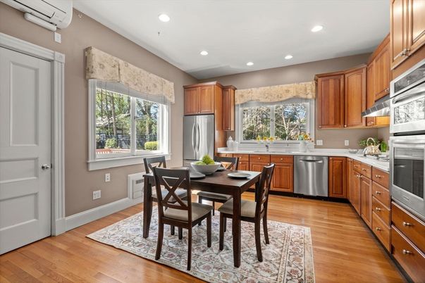 Dining room, Interior, Kitchen, Recessed Lighting, Stainless Steel Appliances, Wood Texture Flooring