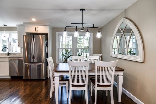 Dining room, Interior, Kitchen, Pendant Lights, Recessed Lighting, Stainless Steel Appliances, Wood Texture Flooring