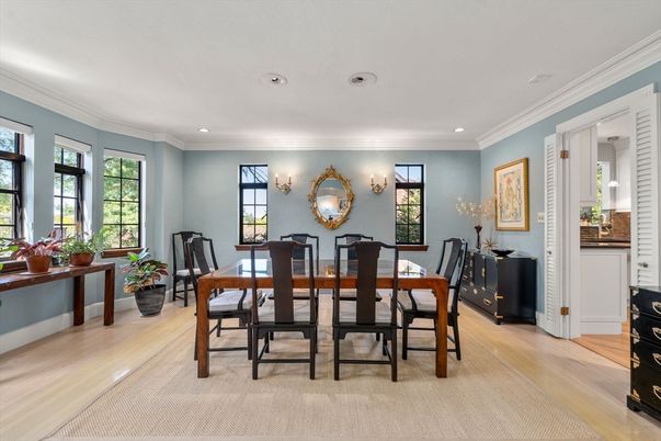 Dining room, Interior, Recessed Lighting, Wood Texture Flooring