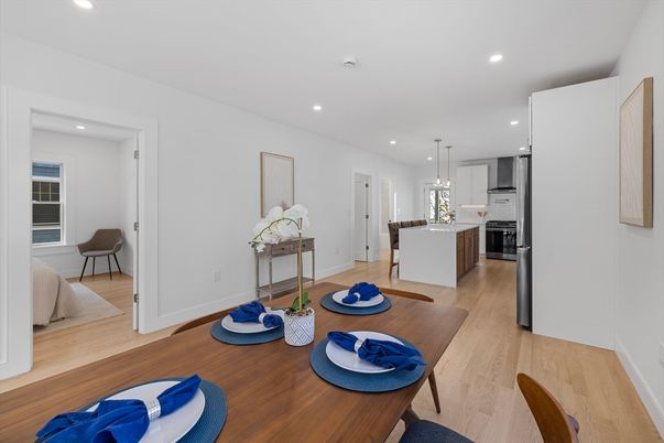 Dining room, Interior, Kitchen, Pendant Lights, Recessed Lighting, Stainless Steel Appliances, Wood Texture Flooring