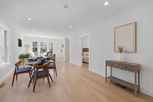 Bedroom, Dining room, Interior, Recessed Lighting, Wood Texture Flooring