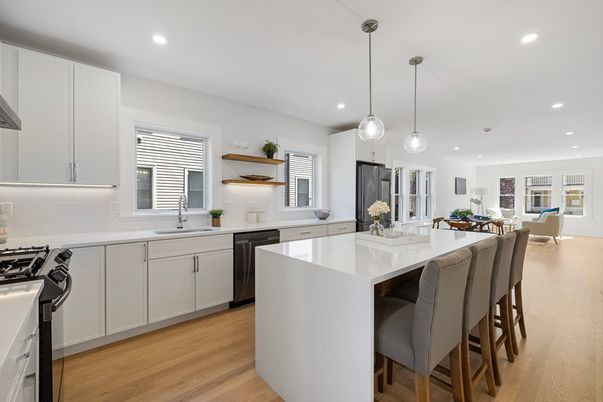 Dining room, Interior, Kitchen, Living room, Pendant Lights, Recessed Lighting, Stainless Steel Appliances, Wood Texture Flooring