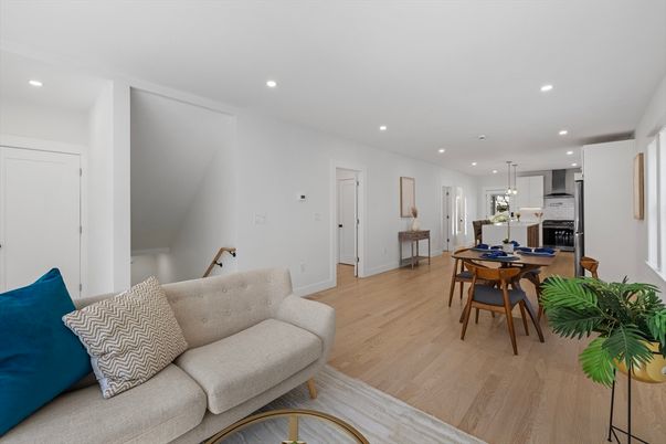 Dining room, Interior, Kitchen, Living room, Pendant Lights, Recessed Lighting, Stainless Steel Appliances, Wood Texture Flooring