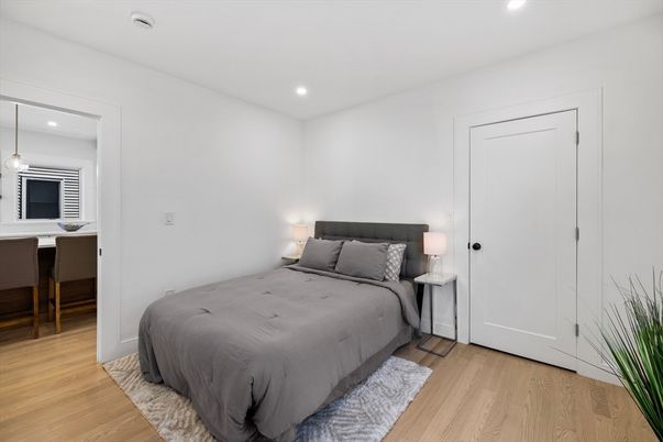 Bedroom, Interior, Pendant Lights, Recessed Lighting, Wood Texture Flooring