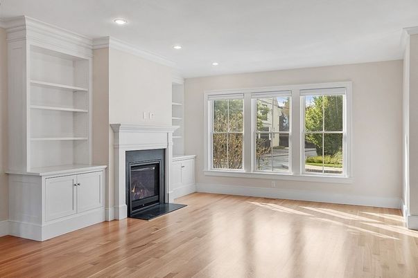 Empty room, Fireplace, Interior, Recessed Lighting, Wood Texture Flooring