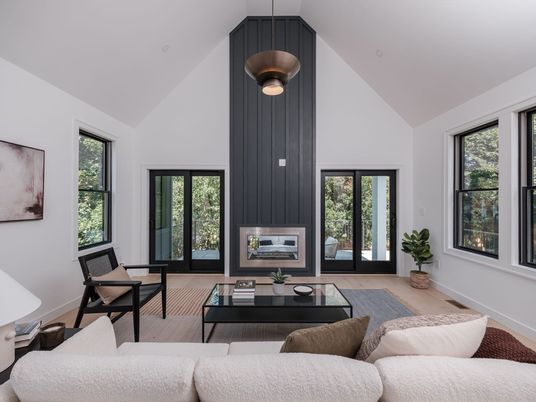 Fireplace, Interior, Living room, Pendant Lights, Wood Texture Flooring