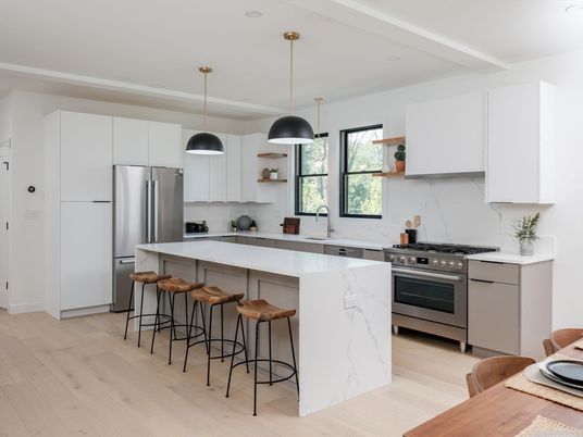 Interior, Kitchen, Marble Walls, Pendant Lights, Stainless Steel Appliances, Wood Texture Flooring