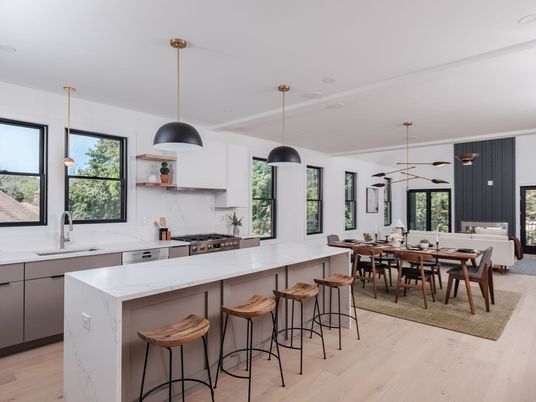 Dining room, Interior, Kitchen, Pendant Lights, Wood Texture Flooring