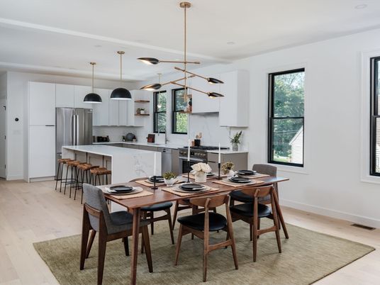 Dining room, Interior, Kitchen, Pendant Lights, Stainless Steel Appliances, Wood Texture Flooring