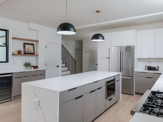 Interior, Kitchen, Pendant Lights, Stainless Steel Appliances, Wood Texture Flooring