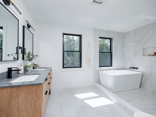 Bathroom, Dual Sink Vanities, Free Standing Baths, Interior, Marble, Marble Walls