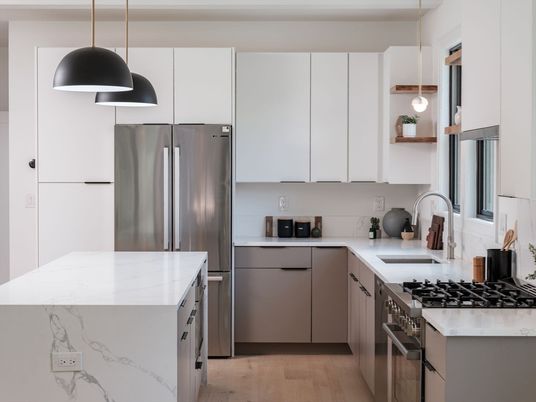 Interior, Kitchen, Pendant Lights, Stainless Steel Appliances, Wood Texture Flooring