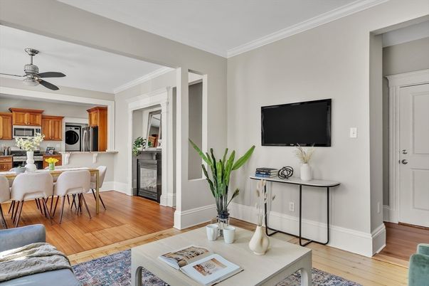 Dining room, Interior, Kitchen, Living room, Stainless Steel Appliances, Wood Texture Flooring