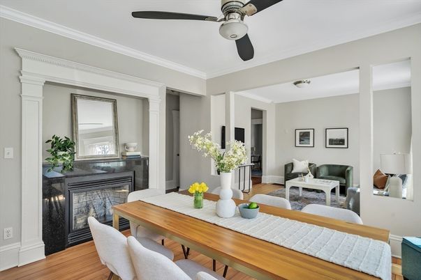 Dining room, Fireplace, Interior, Wood Texture Flooring