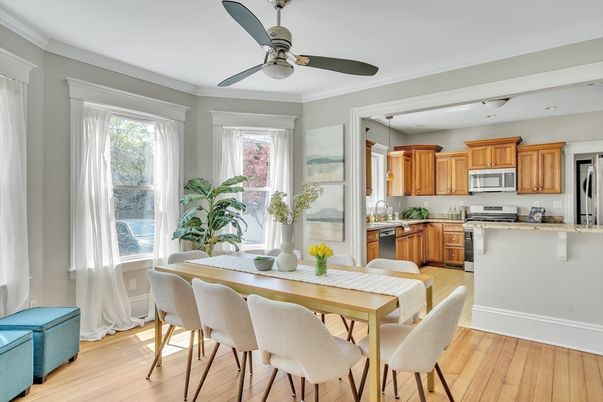 Dining room, Interior, Kitchen, Stainless Steel Appliances, Wood Texture Flooring