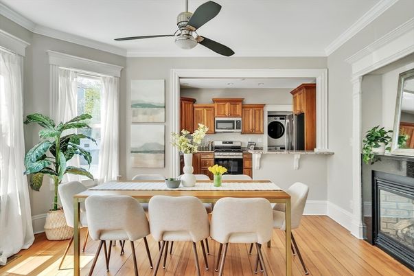 Dining room, Fireplace, Interior, Kitchen, Stainless Steel Appliances, Wood Texture Flooring